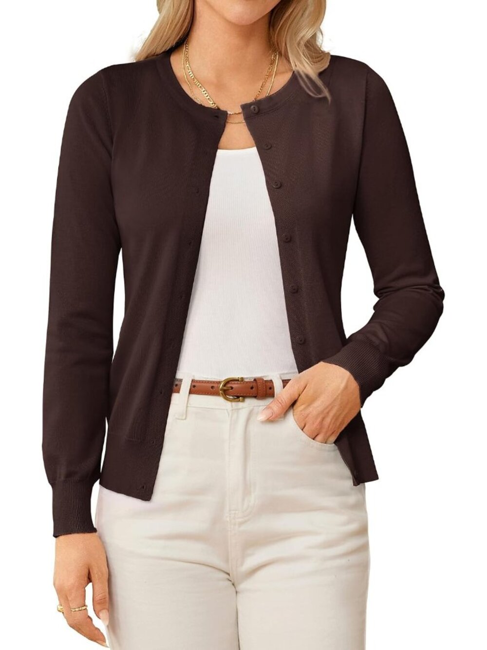 🆕Women's Coffee Crewneck Knit Cardigan Sweater Lightweight Button Up Casual